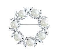 Elegant Bridal Holiday Marquise CZ Cubic Zirconia Round White Simulated Pearl Wreath Circle Scarf Brooch Pin For Women Wedding