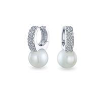 Elegant Bridal Modern CZ Pave Encrusted White Simulated Pearl Mini Hoop Drop Huggie Earrings For Women Wedding Silver Plated