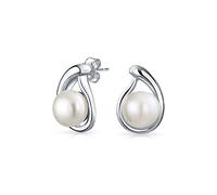 Elegant Bridal White Freshwater Button Cultured Pearl Teardrop Pear Shaped Stud Earrings - .925 Sterling Silver For Women Wedding
