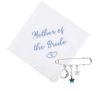 Elegant Bride Gift Set: Silver Wedding Something Old Something Blue Bridal Keepsake Dress Pin with Moon and Stars Design & 30x30cm Handkerchief Embroidered “Mother of the Bride”