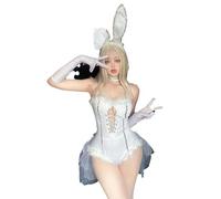 Elegant bunny cosplay costume in court style with elaborate lace details for seductive Halloween parties unforgettable theme festivals, White, M