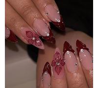 Elegant Burgundy French Tip Press On Nails with 3D Floral Design - 24PCS Almond Shape Acrylic False Nail Kit for Women, Reusable Salon Quality Fake Tips for Parties & Halloween