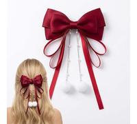Elegant Burgundy Long Ribbon Bow Hair Clip with Tassel Chains & Fluffy Pom-Poms - Soft Fabric Barrette for Women and Girls, Daily Wear, Weddings, Parties, Proms, School & Special Styling (Red)