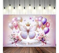 Elegant Butterfly and Flower Happy Birthday Banner - Photography Background Cloth, Festival Photo Pavilion Tapestry 240X180cm
