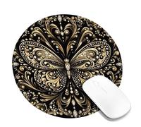 Elegant Butterfly Design Mouse Pad, Gold and Silver Floral Pattern Non-Slip Gaming Mousepad, Washable Desk Pad for Home, Office Round 8x8 Inch