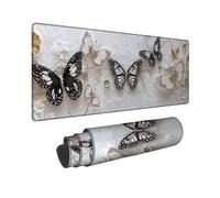 Elegant Butterfly Large Gaming Mouse Pad, White Black Gold Winged Insects Stitched Edge Mousepad, Rubber Non-Slip Washable Gaming Mouse Pad for Home and Office Computer, Laptop 16x36 Inch