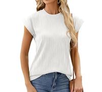 Elegant Cap Sleeve Tops for Women UK - Ruched Textured Crew Neck Summer Tops, Perfect Going Out Blouses for Women, Dressy Office Ladies Tops, Womens Blouses & Shirts (White, XL)