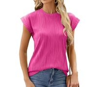 Elegant Cap Sleeve Tops for Women UK - Ruched Textured Crew Neck Summer Tops, Perfect Going Out Blouses for Women, Dressy Office Ladies Tops, Womens Blouses & Shirts (Pink, XXL)