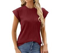 Elegant Cap Sleeve Tops for Women UK - Ruched Textured Crew Neck Summer Tops, Perfect Going Out Blouses for Women, Dressy Office Ladies Tops, Womens Blouses & Shirts (Wine Red, L)