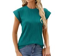 Elegant Cap Sleeve Tops for Women UK - Ruched Textured Crew Neck Summer Tops, Perfect Going Out Blouses for Women, Dressy Office Ladies Tops, Womens Blouses & Shirts (Teal, S)