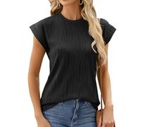 Elegant Cap Sleeve Tops for Women UK - Ruched Textured Crew Neck Summer Tops, Perfect Going Out Blouses for Women, Dressy Office Ladies Tops, Womens Blouses & Shirts (Black, XL)
