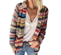 Elegant Cardigan, Women's Rainbow Striped Multicoloured Long Sleeve Cable Knitted Sweater, Draped Kimono Style Casual Outwear, red, L