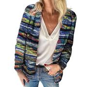Elegant Cardigan, Women's Rainbow Striped Multicoloured Long Sleeve Cable Knitted Sweater, Draped Kimono Style Casual Outwear, blue, S