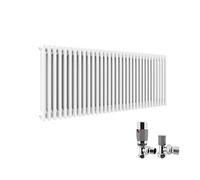 ELEGANT Cast Iron Style 3 Column Radiators Traditional Triple Bar White Horizontal Designer Colosseum Rad 600 x 1505mm with Thermostatic Valves Set Chrome