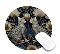 Elegant Cat and Floral Design Mouse Pad, Blue Gold Artistry Stitched Edge Mousepad, Rubber Non-Slip Washable Gaming Mouse Pad for Home and Office Desk Round 8x8 Inch