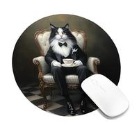 Elegant Cat in Tuxedo Square Mouse Pad, Black White Feline Art Stitched Edge Mousepad, Rubber Non-Slip Washable Gaming Mouse Pad for Home and Office Computer, Laptop Round 8x8 Inch