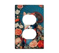 Elegant Cat Light Switch Cover Plate/Outlet Covers, White Feline in Traditional Kimono, Vibrant Floral Decor for Home Accents, Thermoplastic Wall Plates, Standard Size Single Duplex Outlet
