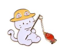 Elegant Cats Angler Brooch Alloy Crafted Accessory Lightweight Wearable Art With Blue Red Fish Detail Cute Cats Fishing Brooch