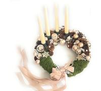 Elegant Christmas Advent Wreath with Pine Cones, Champagne Ornaments, Moss Accents, Cream Candles, Wooden Snowflakes and Satin Ribbon, Traditional Holiday Decor