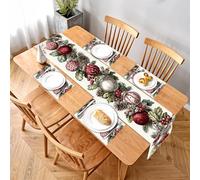 Elegant Christmas Table Runner and Placemats Set - 1 Runner & 4 Placemats - Festive Wreath Design with Red & White Baubles, Pinecones & Berries -Holiday Table Decor for Winter Dining & Christmas Party