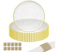 Elegant Clear Glass Charger Plates & Gold Napkin Rings Set - 10 Pcs | Beaded Design 33cm Plates for Wedding, Dining, Parties & Events - Reusable Table Setting & Decorative Placemats