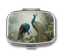 Elegant Colorful Peacock Pill Box 2 Compartment Square Metal Pill Organizer Portable Mini Travel Medicine Case with Mirror Cute Medicine Container Holder for Pocket Purse