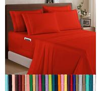 Elegant Comfort 1500 Premium Quality 6-Piece Bed Sheet Set - 18-24 Inch Extra Deep Pocket, Smart Storage Pockets, Wrinkle Free Ultra Soft 6PC Extra Deep Pocket Sheets, California King, Red