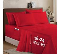 Elegant Comfort 1500 Premium Quality 6-Piece Bed Sheet Set - 18-24 Inch Extra Deep Pocket, Smart Storage Pockets, Wrinkle Free Ultra Soft 6PC Extra Deep Pocket Sheets, Queen, Red