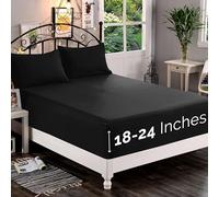 Elegant Comfort 1500 Premium Quality Fitted Sheet Ultra Soft 18-24 Inch Extra Deep Pocket - Single Fitted Sheet for High Mattress - Wrinkle Free with Smart Storage Pockets, Full, Black