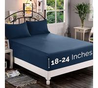 Elegant Comfort 1500 Premium Quality Fitted Sheet Ultra Soft 18-24 Inch Extra Deep Pocket - Single Fitted Sheet for High Mattress - Wrinkle Free with Smart Storage Pockets, Cal King, Navy Blue