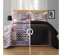 Elegant Comfort 3-Piece Plaid Patchwork Reversible Quilt - Soft Bedspread with Matching Pillow Shams, Heavy Weight Premium Stitching All Season Quilted Coverlet - Queen, Brown