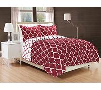 Elegant Comfort Breathable and Super Soft All Season Reversible Diamond Box Quilted Comforter Set, Cotton, Quatrefoil Burgundy/White, Full/Queen