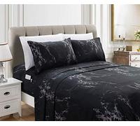 Elegant Comfort Eloise Marble Printed 6-Piece Sheet Set, 1500 Thread Count, Wrinkle Resistant and Super Soft Material, Fitted Sheets with Smart Pockets, Marble Sheet Set, Queen, Onyx Black