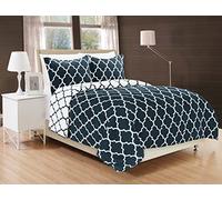 Elegant Comfort Goose Down Alternative Reversible 3-Piece Comforter Set - Breathable and Super Soft All Season Reversible Quatrefoil Pattern Comforter Set with 2 Shams, Full/Queen, Navy/White