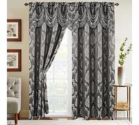 Elegant Comfort Jacquard Look Curtain Panel Set with Attached Waterfall Valance, (Set of 2), 54 x 84 Inches, Gray/Silver