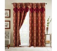Elegant Comfort Jacquard Look Curtain Panel Set with Attached Waterfall Valance, (Set of 2), 54 x 84 Inches, Burgundy