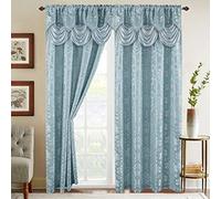 Elegant Comfort Jacquard Look Curtain Panel Set with Attached Waterfall Valance, (Set of 2), 54 x 84 Inches, Light Blue