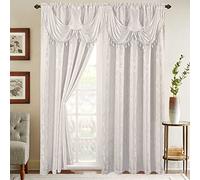 Elegant Comfort Jacquard Look Curtain Panel Set with Attached Waterfall Valance, (Set of 2), 54 x 84 Inches, White
