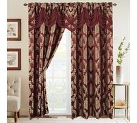 Elegant Comfort Jacquard Look Curtain Panel Set with Attached Waterfall Valance, (Set of 2), 54 x 84 Inches, Burgundy