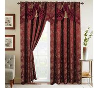 Elegant Comfort Jacquard Look Curtain Panel Set with Attached Waterfall Valance, (Set of 2), 54 x 84 Inches, Leaf Pattern, Burgundy/Gold