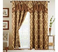 Elegant Comfort Jacquard Look Curtain Panel Set with Attached Waterfall Valance, (Set of 2), 54 x 84 Inches, Gold/Taupe