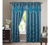Elegant Comfort Luxurious Aurora Jacquard Look Curtain Panel Set with Attached Valance 54" X 63 inch (Set of 2), Navy Blue