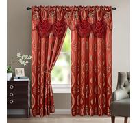 Elegant Comfort Luxurious Aurora Jacquard Look Curtain Panel Set with Attached Valance 54" X 63 inch (Set of 2), Burgundy