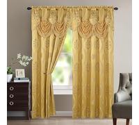 Elegant Comfort Luxurious Aurora Jacquard Look Curtain Panel Set with Attached Valance 54" X 95 inch (Set of 2), Gold