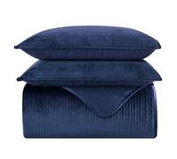 Elegant Comfort Luxury 3-Piece Velvet Corduroy Stripe Quilt Set, Ultra Soft Bedspread - Cozy Velvet Coverlet Set - 3PC Medium Weight Quilted Set with Matching Pillow Shams, Full, Navy Blue