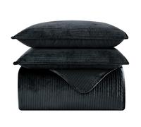Elegant Comfort Luxury 3-Piece Velvet Corduroy Stripe Quilt Set, Ultra Soft Bedspread - Cozy Velvet Coverlet Set - 3PC Medium Weight Quilted Set with Matching Pillow Shams, Twin, Black