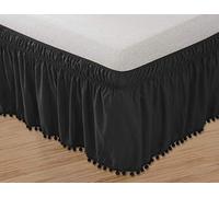 Elegant Comfort Luxury Top-Knot Tassle PomPom Fringe Ruffle Bed Skirt -Wrap Around Style- Elastic Bed Wrap- Wrinkle Resistant 16inch Drop, Queen/King, Black