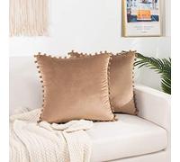 Elegant Comfort POMS Fringe Set of 2, Velvet Soft Solid Decorative Square Throw Pillow Covers Set Cushion Case for Couch Bed, Livingroom, 18 x 18, Taupe