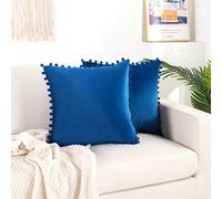 Elegant Comfort POMS Fringe Set of 2, Velvet Soft Solid Decorative Square Throw Pillow Covers Set Cushion Case for Couch Bed, Livingroom, 18 x 18, Royal Blue