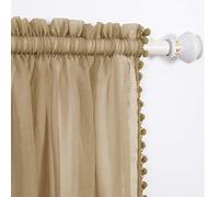 Elegant Comfort Semi-Sheer Pom Pom Tassels Curtains - 2 Panels Set - with 2inch Rod Pocket - Solid Sheer Curtain Drapes for Living Room, Bedroom, W60 X L84, Tan